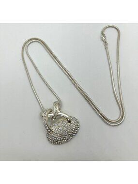 Silver Pave Purse Necklace Rhinestone  Silver-tone Handbag Pocketbook 32" Chain